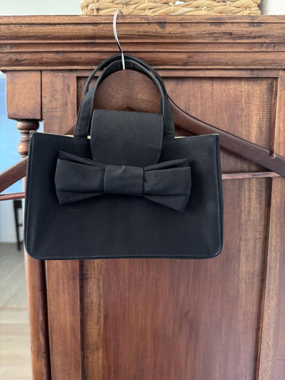 Black Satin Top Handle Bag Women's Small Bow Gold Lined Evening Party Purse